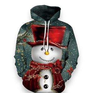 New! Vintage Snowman Christmas Print Hoodie Polyester Knit Size Large Pockets